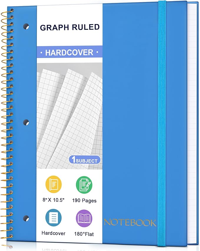 Spiral Notebook Graph Ruled Paper 8" x 10 1/2", 1 Subject Spiral Grid Notebook 3-Hole Punched Perforated Page Ideal for School, Office, Writing, 95 Sheets Lined Journaling Graphing Notebook, Blue