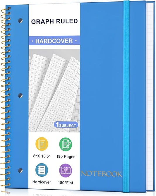 Spiral Notebook Graph Ruled Paper 8" x 10 1/2", 1 Subject Spiral Grid Notebook 3-Hole Punched Perforated Page Ideal for School, Office, Writing, 95 Sheets Lined Journaling Graphing Notebook, Blue