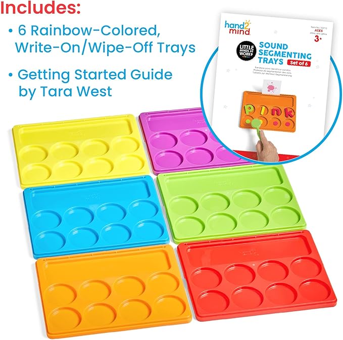 hand2mind Little Minds at Work Sound Segmenting Trays by Tara West, Phonemic Awareness, Science of Reading Manipulatives, Elkonin Boxes, Letter Sounds, Preschool Learning Activities (Set of 6)