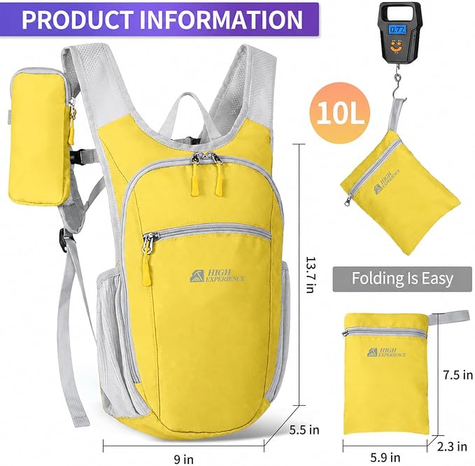 Small Hiking Backpack Packable Lightweight for Women Men | 10L/15L, Hiking Daypack, Foldable, Water Resistan, Ultralight, with Phone Pocket, Travel, Outdoor, Walking