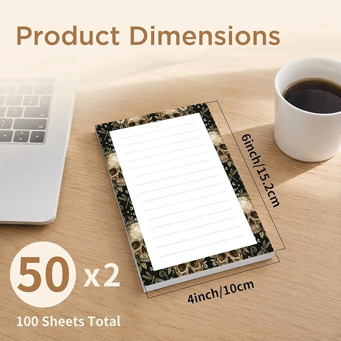 Lined Sticky Notes 4x6 in, 2 Pack Large Cute Notepads with Lines, Bright Post Memo Note Pads Big Rectangular Sticky Notes for Office Vintage Flower Skulls