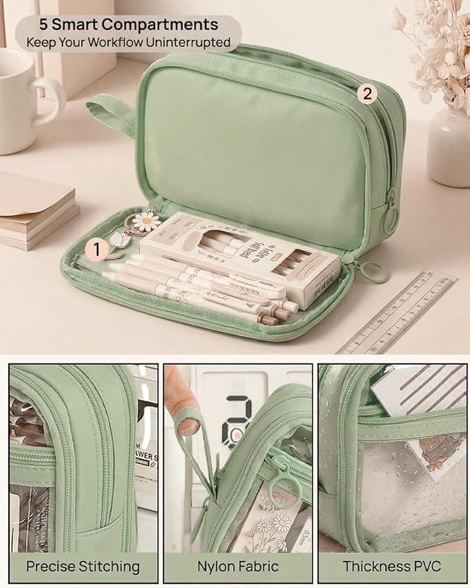 41Pcs Aesthetic Pink Office Supplies Set, All-in-One 5 Compartments Desk Organizer Kit with Large Capacity Pen Pouch, A5 Notebook for Women & Journaling (green)
