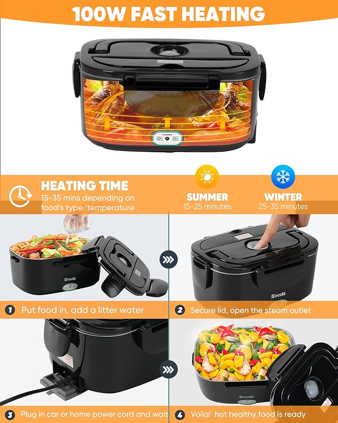 Eocolz Electric Lunch Box Food Heater 80-100W, Food Warmer with Dual Container 1.5L Portable Heated Lunch Box for Car Truck Work Stainless Steel Fork & Spoon 12/24/110V for Adults Lonchera Eléctrica