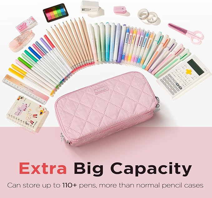 Sooez Large Pencil Case Pouch, Extra Big Pencil Bag with 8 Compartments, Pen Bag Wide Opening, Soft Quilted Pencil Pouch Organizer with Zipper, Portable Pencil Case for Teen Girls, Blush