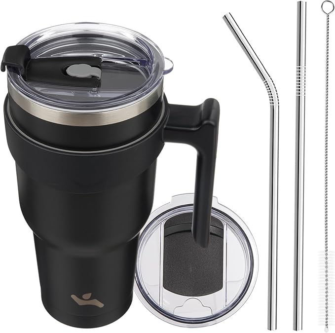Konokyo 40 oz Tumbler with Handle and 2 Straw 2 Lid, Insulated Water Bottle Stainless Steel Vacuum Cup Reusable Travel Mug,Black