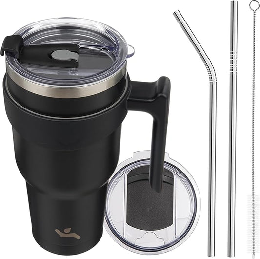 Konokyo 40 oz Tumbler with Handle and 2 Straw 2 Lid, Insulated Water Bottle Stainless Steel Vacuum Cup Reusable Travel Mug,Black