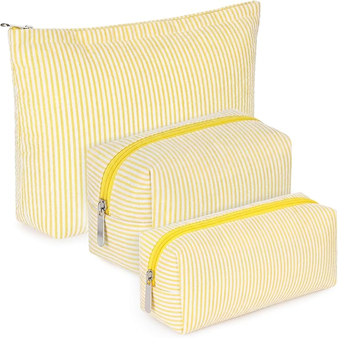 Huhumy 3 Pcs Makeup Bag Set Cute Stripe Cosmetic Pouch for Women Aesthetic Seersucker Travel Toiletry Bag Set Preppy Small Makeup Purse Pouch Cosmetic Organizer Pencil Case with Zipper(Yellow)