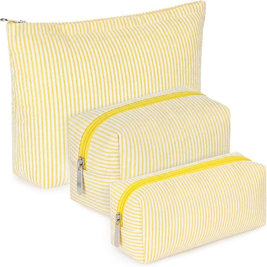 Huhumy 3 Pcs Makeup Bag Set Cute Stripe Cosmetic Pouch for Women Aesthetic Seersucker Travel Toiletry Bag Set Preppy Small Makeup Purse Pouch Cosmetic Organizer Pencil Case with Zipper(Yellow)