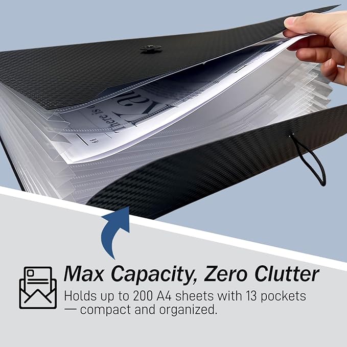 Expanding File Folder with Tabs – 13-Pocket Accordion Document Organizer with Elastic Closure, A4 & Letter Size Waterproof Paper Holder for Home, School & Office