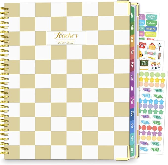 eacher Planner 2026-2027, Jul 2026-Jun 2027 Academic Year, 8.5" x 11" Lesson Planner Book for Teacher Calendar, Spiral Bound Planners, Colorful Monthly Tabs, Planning Stickers, YellowCheckered