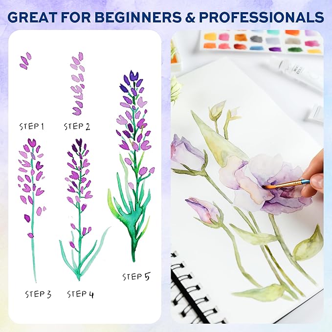 Finenolo 50 Colors Watercolor Paint Set with 8 Brushes (Water Brush + Detail Brushes), Mixing Palettes & Complete Accessories, Perfect for Beginners,Great for Outdoor Sketching, Painting Creation, Holiday Gifts