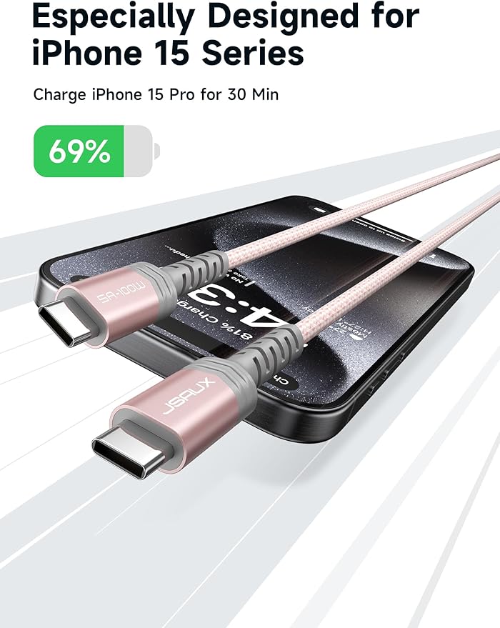 JSAUX 100W USB C to USB C Cable for iPhone 17, USBC Type C Charge Cord 5A Fast Charging Compatible with iPhone 17 Air 16 15 Pro Max Samsung Galaxy S25 S24 MacBook iPad Pro Carplay (2-Pack, 6.6ft) Pink