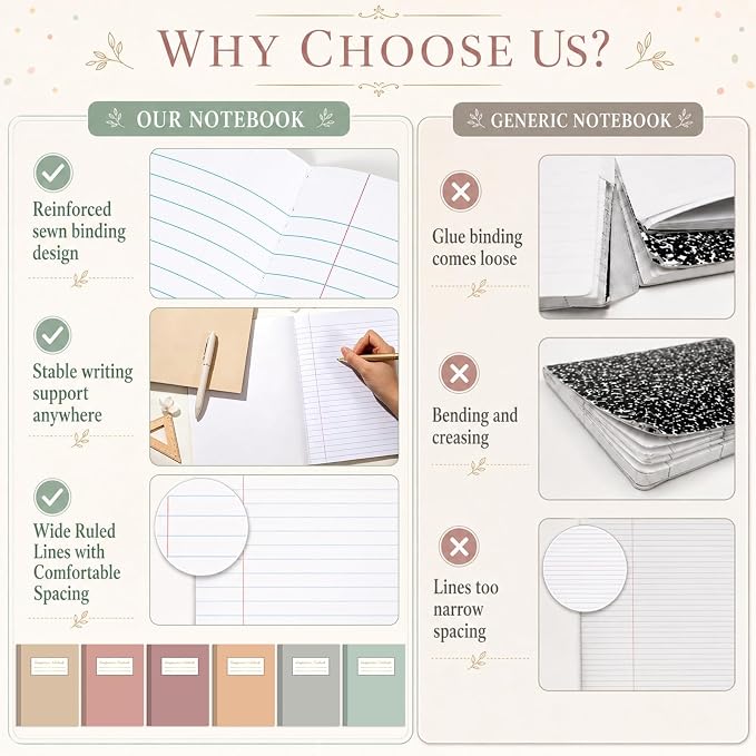 6 Pack Large Composition Notebooks Bulk 9.8 × 7.5 in Wide Ruled Hard Cover Composition Book Assorted Marble Journal College Ruled Paper for Adult Student College Office Back to School Supply(Morandi)