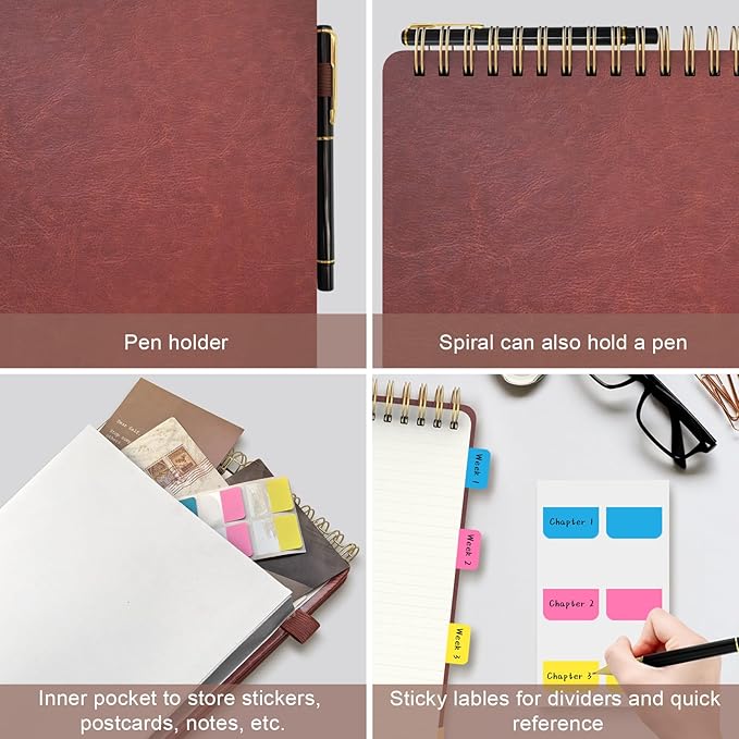 A4 Top Spiral Notebook, Large Leather Hardcover Top Bound Steno Pads, 240 Pages 100 gsm Thick Lined Paper Left Handed Notebook Journal for Work, School, Meeting Writing - Brown, 8.5" x 11"