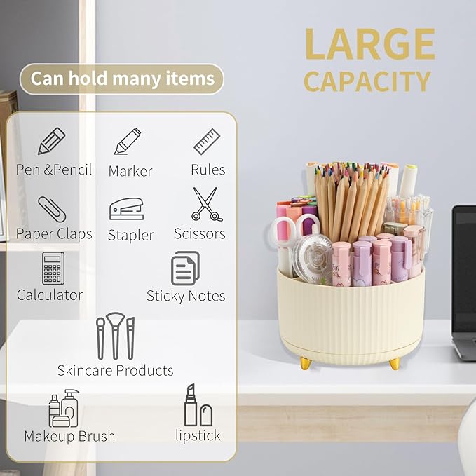 Camelmother Pen Holder For Desk With 5 Slots 360°Rotating Pencil Holder Makeup Organiezr Teacher Supplies Office decor (beige)
