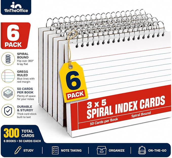 1InTheOffice Spiral Index Cards 3x5 Ruled, Spiral Bound, 50 White Cards/Spiral (6 Pack)