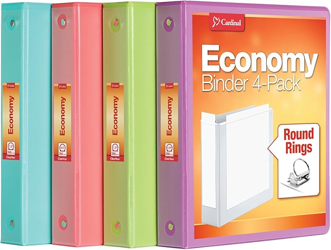 Cardinal 3 Ring Binders, Binders for School and Office, Durable 1.5 Inch, Round Rings, Holds 350 Sheets, ClearVue Presentation View, Non-Stick, Assorted Tropical Colors, 4 Pack (79558)