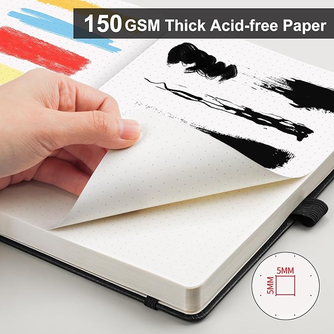 AHGXG Dotted Journal - 150 GSM Dot Grid Notebook Journal, Thick Acid-Free Paper, A5 Dotted Notebook 128 Pages, Leather Hardcover, Inner Pocket, Journal Stencil, 5.7'' × 8.3'', Black