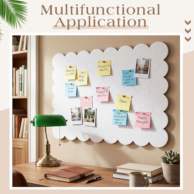 Mooliwe Scalloped Felt Bulletin Board 24 x 18 Inches Foldable White Pin Cork Board Alternative for Wall, 2' x 1.5' Trifold Picture Vision Self Adhesive Bulletin Decorative