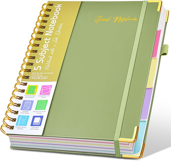 Hardcover Spiral Notebooks for Work, 5 Subject Notebook College Ruled with Dividers Tabs, 8.5" x 11" Lined Notebook Journal for women, A4 Large Notebooks for School Note taking, 240 Pages Green