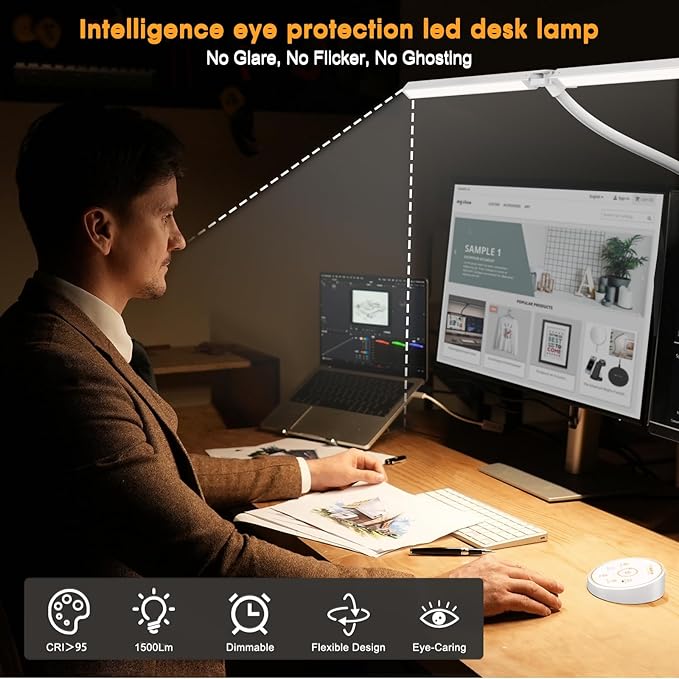 Pzloz Led Desk Lamp for Office Home - Eye Caring Architect lamp with Clamp,Dual Screen Computer Monitor Work Smart Light: 24W 5 Color Flexible Adjustable Lighting Table Lamp for Study White