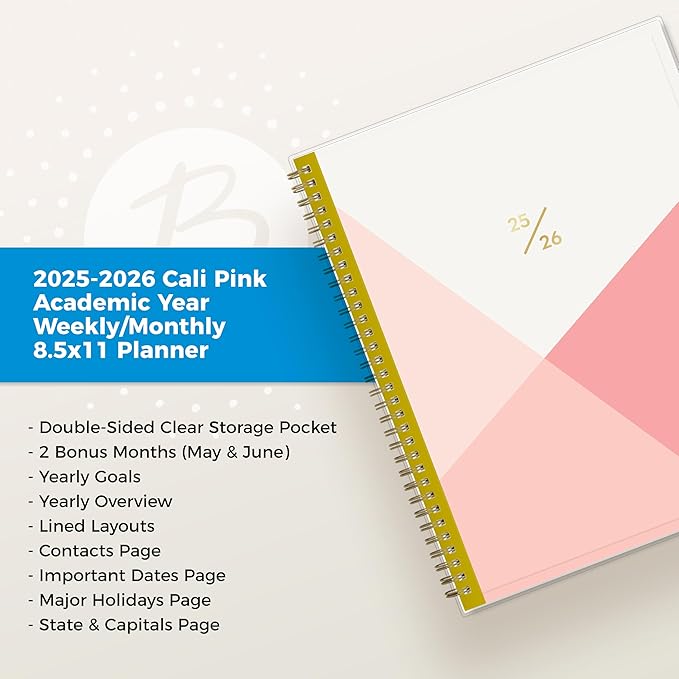 Blue Sky 2025-2026 Weekly and Monthly Academic Year Planner Calendar, July 2025 - June 2026, 8.5" x 11", Flexible Cover, Wirebound, Storage Pocket, Cali Pink