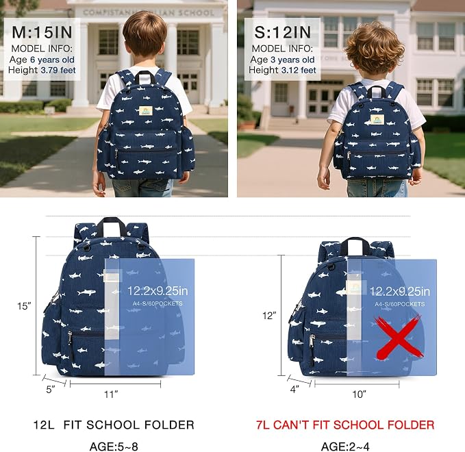 STEAMEDBUN Corduroy Kids Backpack for Girls and Boys 5-8: Girls Backpack for Elementary Kindergarten - 15 inch Cute Backpacks for Kids - Blue Shark
