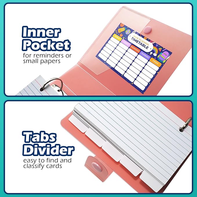 3x5 Lined Index Cards with Ring Binder Holder and Dividers, 100 Ruled Cards, Pink
