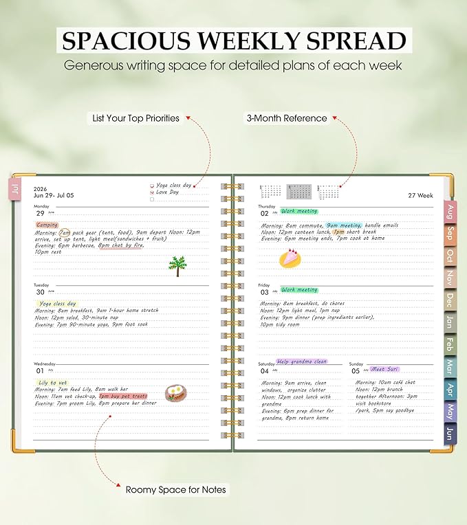Academic Planner 2026-2027, Hardcover Leather Weekly and Monthly Calendar Planner from July 2026 - June 2027, A5 6.1" x 8.2" Daily Agenda with Tabs, College School Organizer for Student Teacher, Green