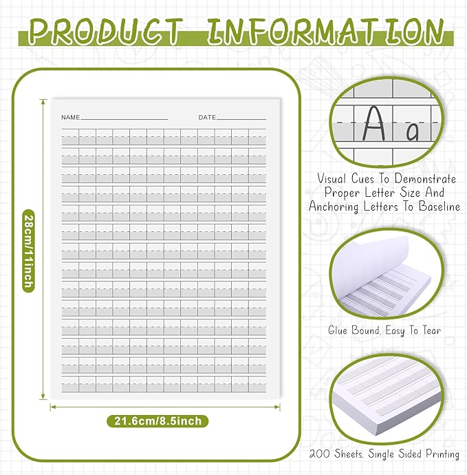 Eaasty 200 Sheets Write Beginner Paper Level 1 Paper Handwriting Practice Paper for Kids Practice Writing Paper with Lines and Gray Highlighted for Proper Letter Positioning,8.5" x 11"