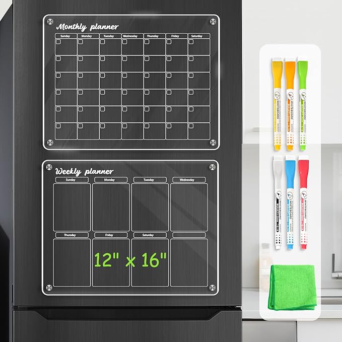 WALGLASS Acrylic Calendar for Fridge, Monthly Clear Acrylic Magnetic Dry Erase Board for Refrigerator, Set of 2 Stronger-Magnetic Reusable Fridge Planner, Includes 6 Liquid Chalk Markers