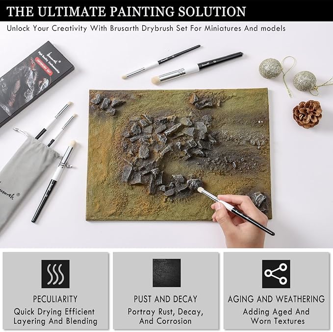 Brusarth Drybrush Set-Hobby Detail Paint Brush Set, 6 Sizes Goat Hair Acrylic Paint Brushes for Tabletop & Wargames Miniature Watercolor Oil Painting, Model for Beginners & Professional