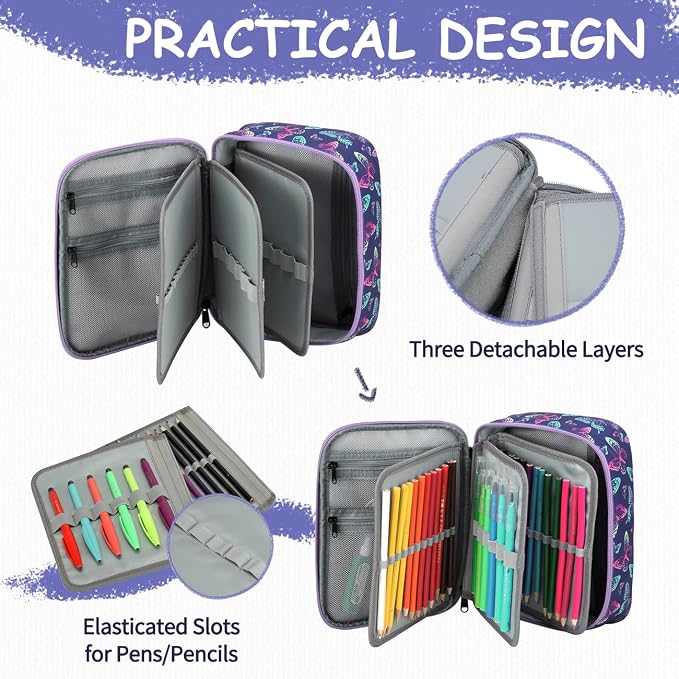 VASCHY Large Pencil Case Bag, Art Supply Marker Organizer Big Pen Pouch with 3 Detachable Layers Slots Multiple Zipper Pockets for Kids Adults School Office Butterfly