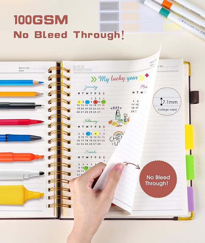 Hardcover Spiral Notebook Journal with Removable Dividers Tabs, 300 Pages Leather 5 Subject Notebook College Ruled, 8"x10" Large B5 Notebooks for Work School Note taking, Lined Journal for Men,Brown