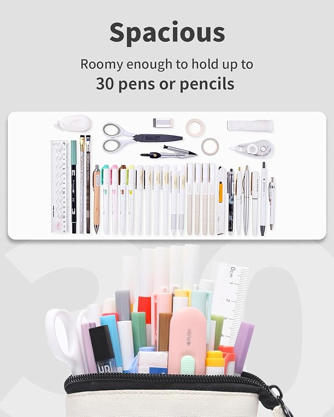 Sooez Standing Pencil Case, Cute Stand up Pencil Pouch, Telescopic Pen Pouch, Portable Pencil Holder, Spacious Pencil Pouch Bag for School Office Supplies, 7.5''x3.07'', Beige Panda