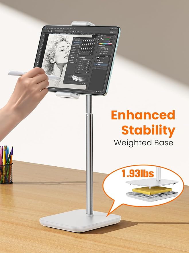 tounee Height Adjustable Tablet Stand, 3.5lb (1.6kg) Max Support, Up to 18" Tall, Slim Portable Monitors Stand Compatible with iPad Pro 12.9, Surface Pro, All 4.7"-15.6" Devices-White