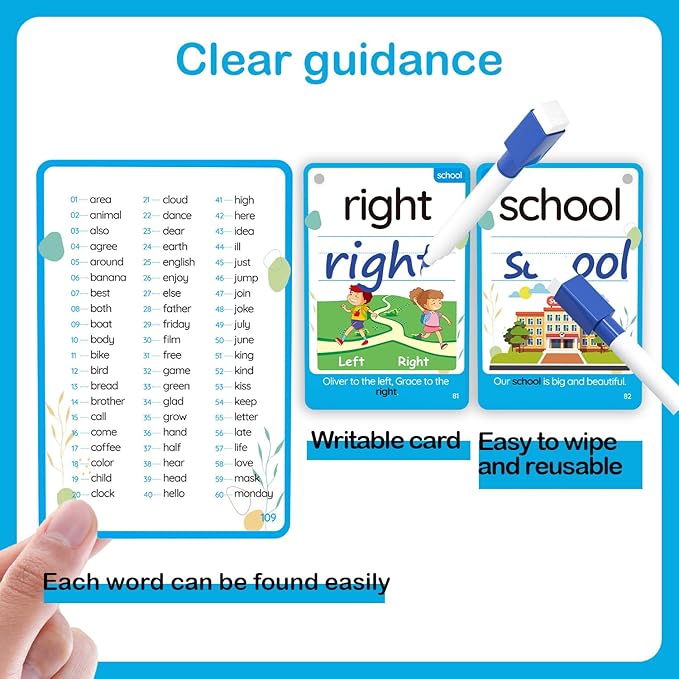 WJPC 55 Cards, 106PCS High Frequency First-Grade Sight Words Flash Cards, 1st Grade Phonics Learning Cards for 5,6,7,8 Years Ages Kids Boys, Girls Learn to Read, Write, Association, Sentence Making