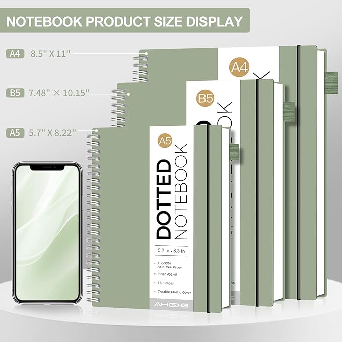 AHGXG Dotted Journal - Dot Grid Spiral Notebook 8.5" x 11", A4 Large Dotted Notebook, 100 GSM Thick Paper, Waterproof Plastic Cover Journals for Journaling, Sketching, Light Green