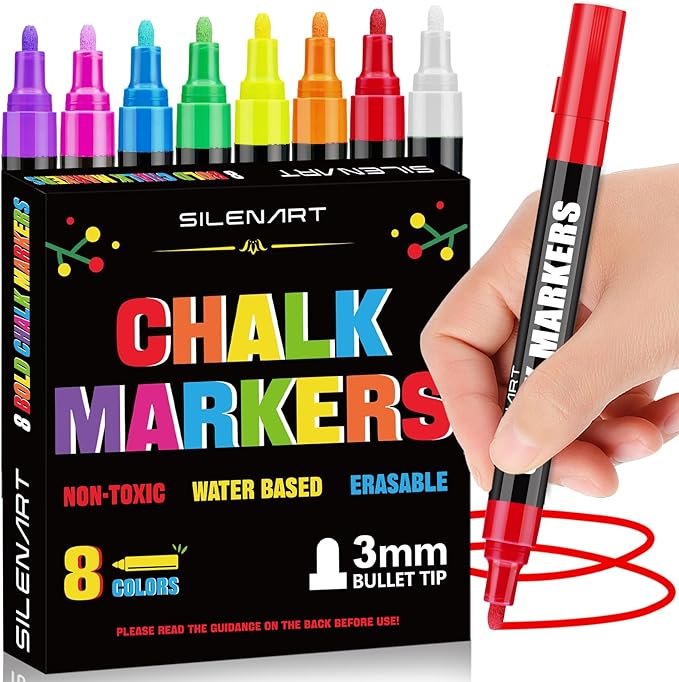 SILENART Liquid Chalk Markers for Blackboard - 8 Vibrant Colors - Window Markers for Car Glass Dry Erase Board Acrylic Calendar Board