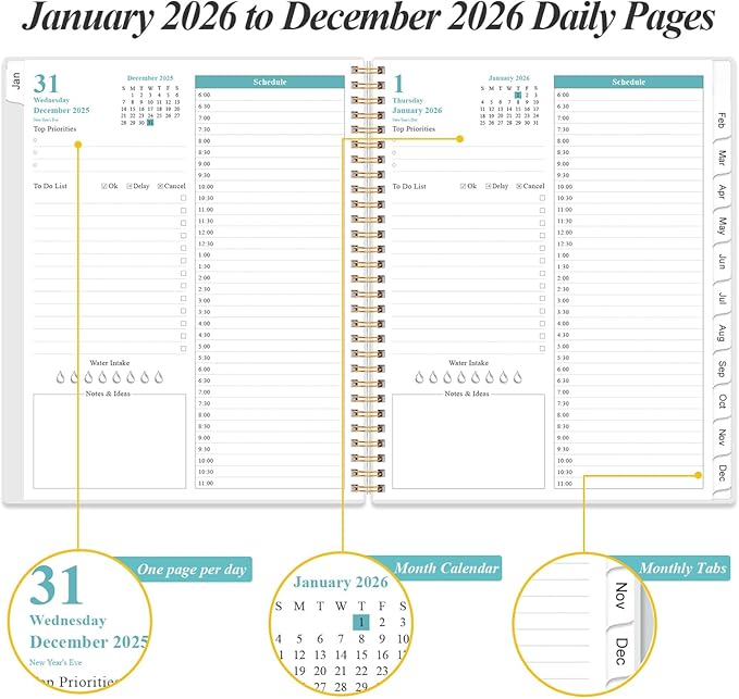 2026 Daily & Monthly Planner - One Page Per Day, Daily Planner from January 2026 - December 2026, Planner 2026 with 12 Monthly Tabs, 8.5" x 11", Blue Watercolor