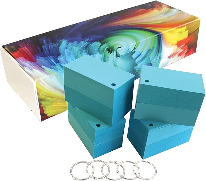 Debra Dale Designs - 560 Small Blank Study Flash Cards - Single Hole Punched - 5 Metal Binder Rings - 2" x 3.5" - 100# Bright Blue Heavy Cardstock - Storage Dispenser Box with Attached Lid