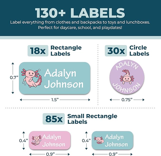 Bunny Badges Personalized Daycare Name Labels for Kids (130 Labels) - Custom Waterproof Name Stickers for Clothing Tags, Water Bottles, Lunch Boxes and School Supplies (Axolotls)