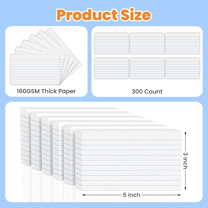 600PCS Index Cards 3 x 5 Inch, White Flash Cards, Lined Flashcards Notecards, Flash Cards for Studying, Ruled Front and Blank Back, Note Cards for Office, Home and School
