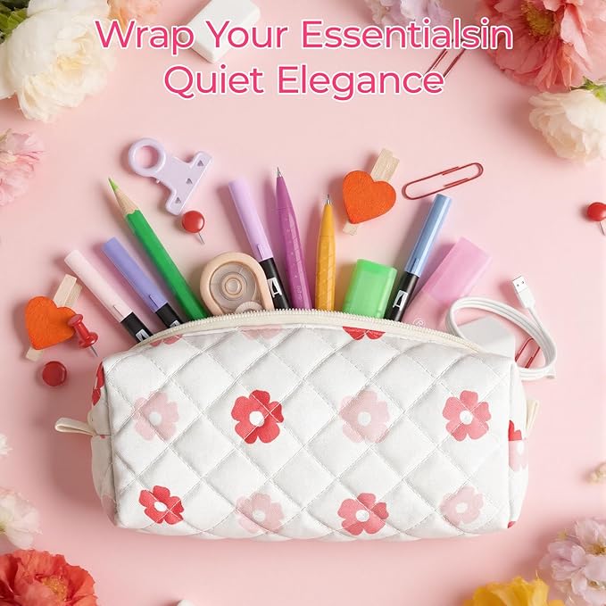 Cute Quilted Pencil Case for Girls Women, Aesthetic Small Floral Pencil Pouch,Slim Soft Pencil Bag for School Supplies Makeup Pouch for School & Daily Use (Big Pink Floral)