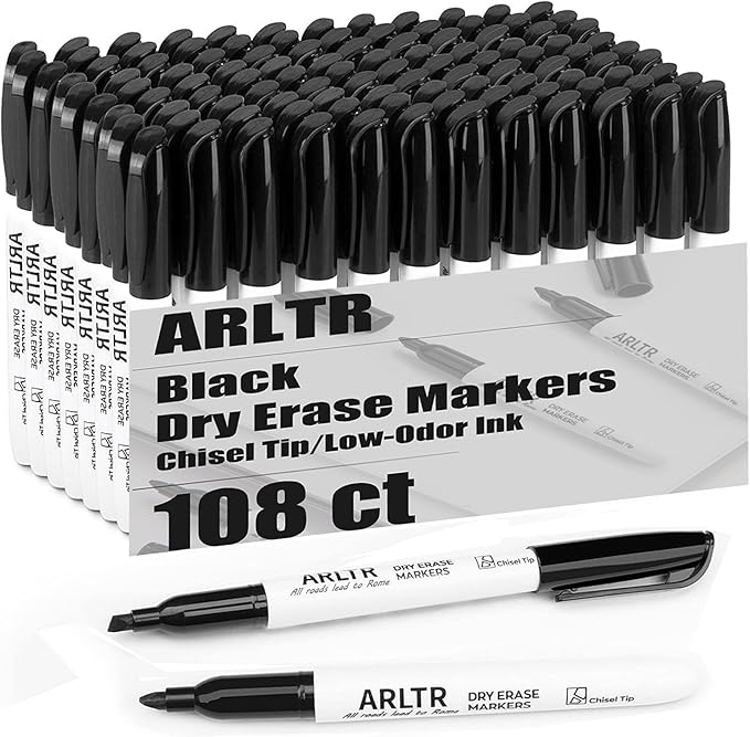 ARLTR Dry Erase Marker Bulk Set, 108 Count, Black and White, Chisel Tip, Low Odor, For Office Use