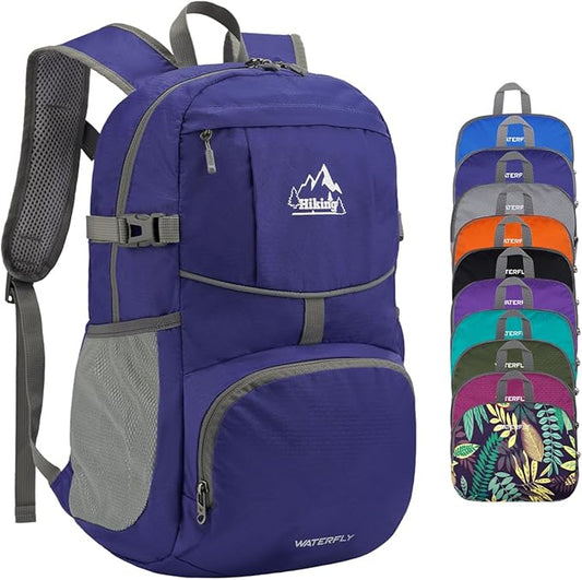 WATERFLY Hiking Packable Daypack Backpack: 25L Ultra Lightweight Day Pack for Women Men - Small Compact Folding Back Pack for Outdoor Sport Cycling Camping Travel Trip - Dark blue