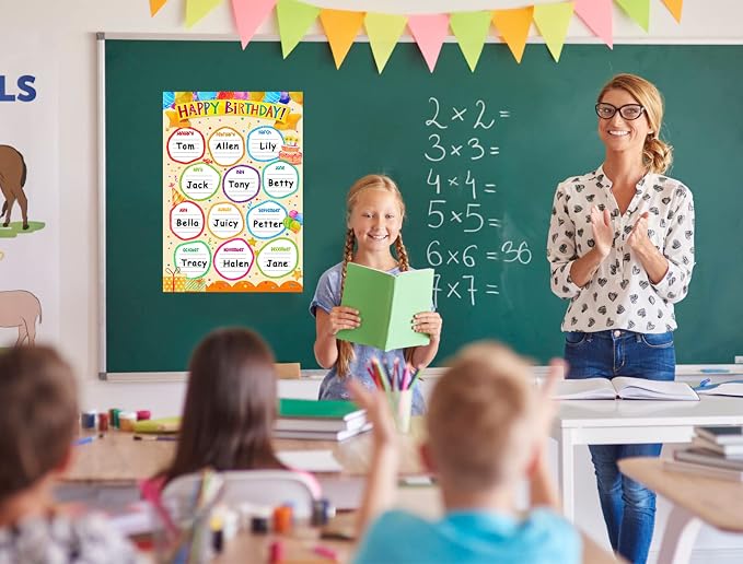 FaCraft Birthday Chart for Classroom - Happy Birthday Poster Reusable Birthday Calendar Laminated Classroom Birthday Chart Classroom Bulletin Board Decorations Back to School Supplies