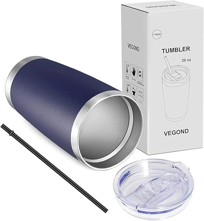 VEGOND 20oz Tumbler with Lid and Straw Stainless Steel Tumbler Cup Vacuum Insulated Double Wall Travel Coffee Mug Powder Coated Coffee Cup, Navy Blue, 1 Pack