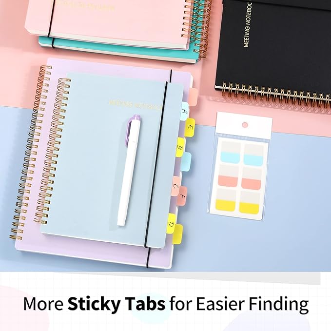 SUNEE Meeting Notebook for Work with Sticky Tabs - 160 Pages, A4 Size Project Planner, Spiral Meeting Agenda/Minutes Notebook Organizer for Women Men, Note Taking, Office & Business, 8.5"x11", Black