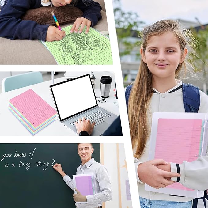 Koogel 500 Sheets Colored Filler Paper, 5 Colors 8 x 10-1/2 Inch Wide Ruled, 3-Hole Punched, Loose Leaf Notebook Paper for 3 Ring Binders, for Students & Office, School Supplies
